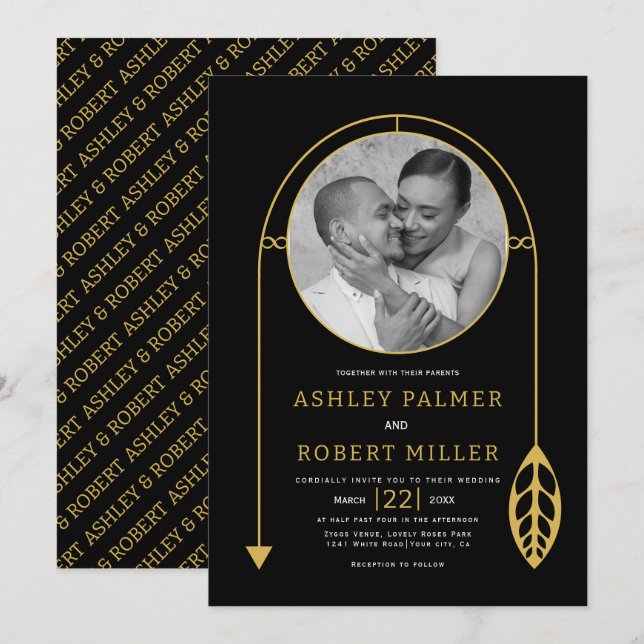 Moderne Goldrahmen mit Foto- und Blatthochzeit Einladung (Vorne/Hinten)