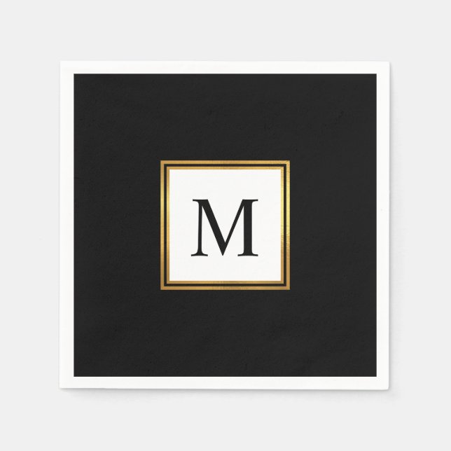 Moderne Goldrahmen-Schwarz-weiß-Monogramm-Hochzeit Serviette (Vorderseite)