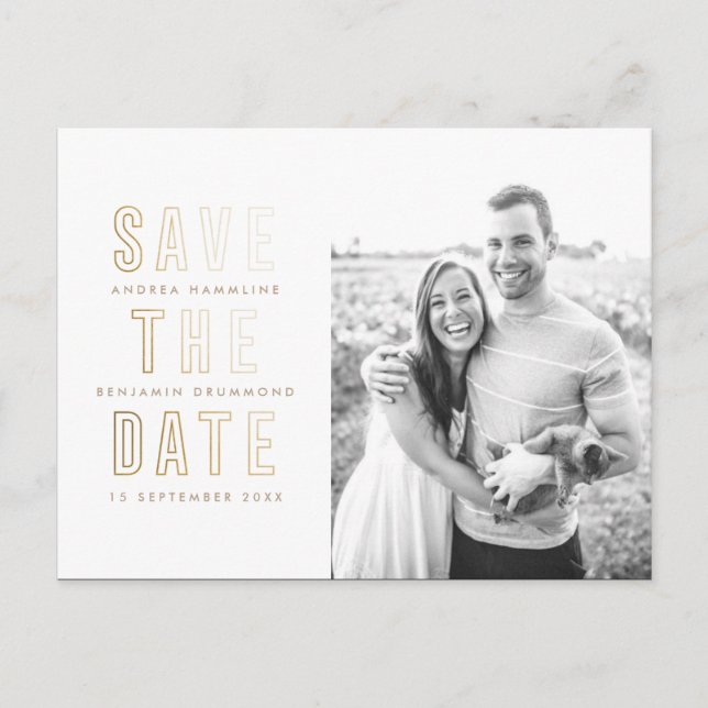 Moderne Goldrings Save the Date Postkarte (Vorderseite)