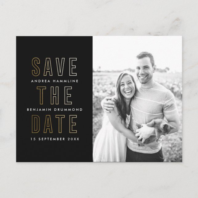 Moderne Goldrings Save the Date Postkarte (Vorderseite)