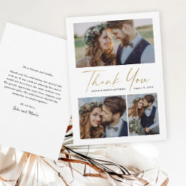 Moderne Goldschrift 3 Foto-Hochzeit Dankeskarte