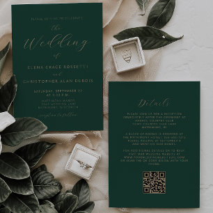 Moderne Goldschrift Smaragdgrüner QR-Code Hochzeit Einladung
