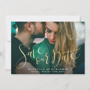 Moderne Goldskript-Foto Hochzeit speichern das Dat Save The Date