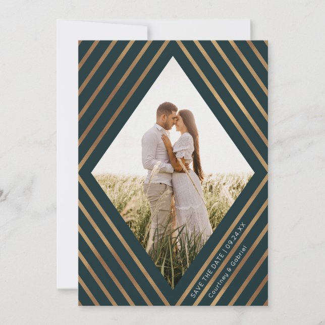 Moderne Goldstreifen Diamant Rahmen Foto Hochzeit Save The Date (Vorderseite)