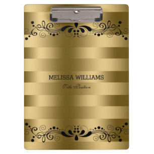 Moderne Goldstreifen und Vintage schwarze Blütensp Klemmbrett