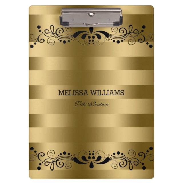 Moderne Goldstreifen und Vintage schwarze Blütensp Klemmbrett (Vorderseite)