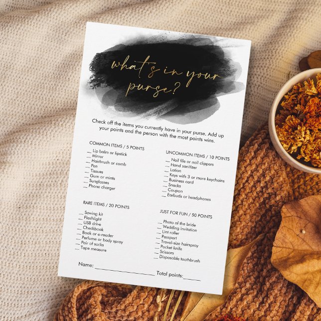Moderne Goldstücke in eurem puren Brautparty (modern minimalist black and gold "WHAT's in your purse" bridal shower game)