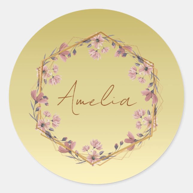 Moderne Goldtypografie Floralmonogrammname Runder Aufkleber (Vorderseite)