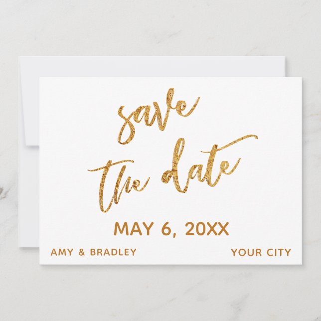 Moderne Goldwaagen und Handschrift weiß Save The Date (Vorderseite)