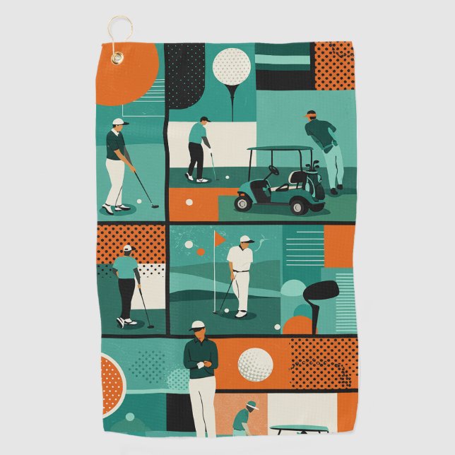 Moderne Golf Artwork mit Spielern und Karren Golfhandtuch (Vorderseite)