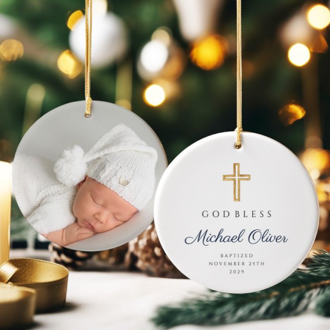 Moderne Gott segne religiöse Kreuztaufe Keramik Ornament (Modern God Bless Religious Cross Baptism Ceramic Ornament)