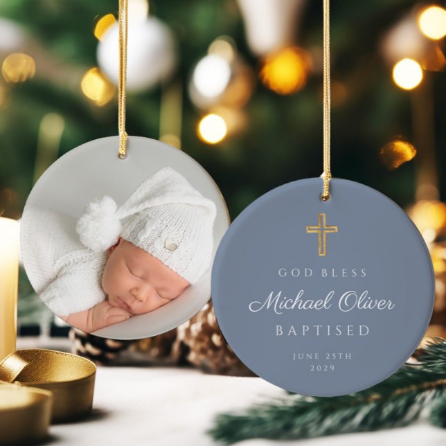 Moderne Gottsbless Cross Boy Taufe Keramik Ornament (Modern God Bless Cross Boy Baptism Ceramic Ornament)