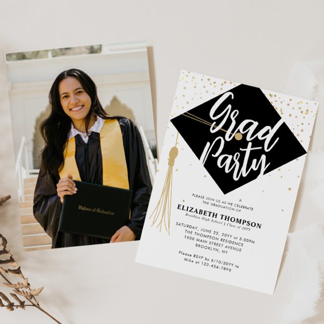 Moderne GRAD Cap Black Gold Foto Graduation Party Einladung (Von Creator hochgeladen)