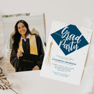 Moderne GRAD Cap Blue Gold Foto Graduation Party Einladung