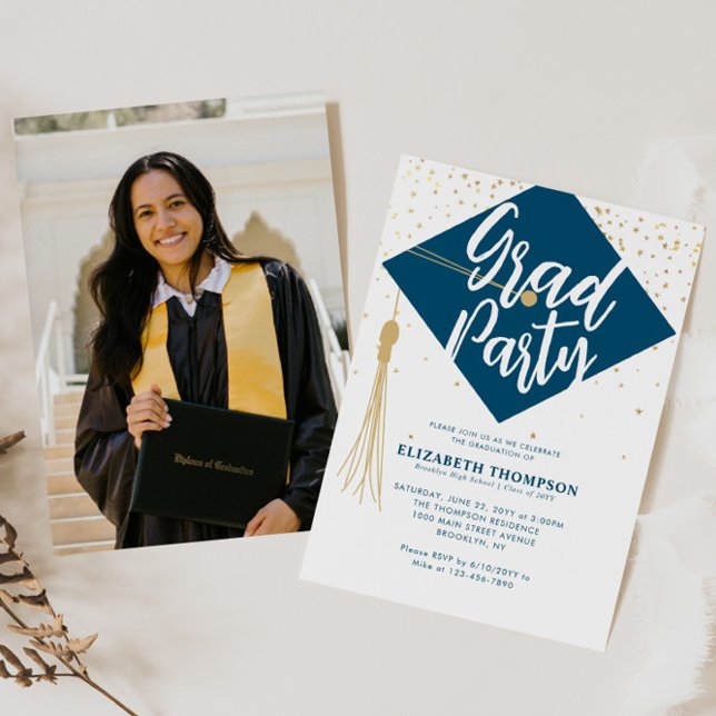 Moderne GRAD Cap Blue Gold Foto Graduation Party Einladung (Von Creator hochgeladen)