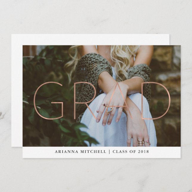 Moderne Grad Imitats Rose Gold Foto Graduation Par Einladung (Vorne/Hinten)