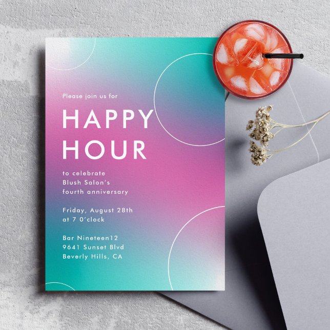 Moderne Gradient Happy Hour (Aqua) Einladung (modern corporate happy hour party invitation in aqua and pink)
