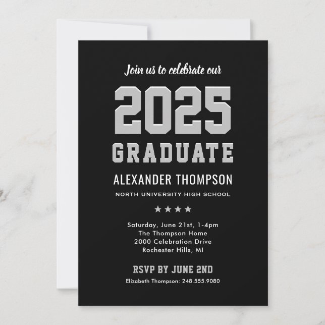 Moderne Graduate Black Gray Graduation Party 2025 Einladung (Vorderseite)