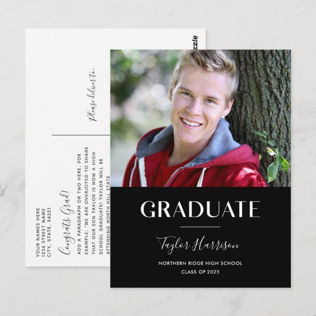 Moderne Graduate Black & White Graduation Party Postkarte (Vorne/Hinten)