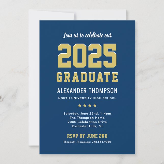 Moderne Graduate Navy Gold Graduation Party 2025 Einladung (Vorderseite)
