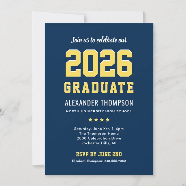 Moderne Graduate Navy Yellow Graduation Party 2023 Einladung (Vorderseite)