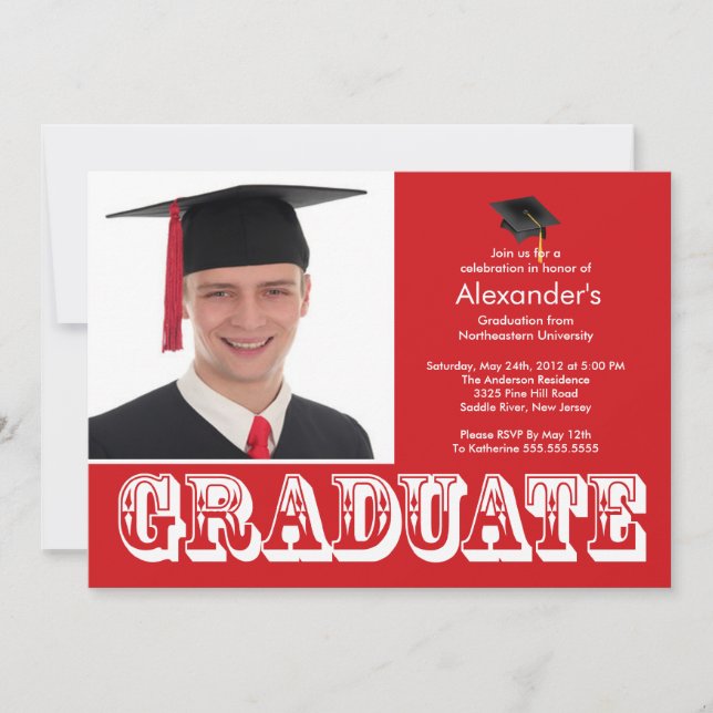 Moderne Graduate Red Foto Graduation Party Einladung (Vorderseite)