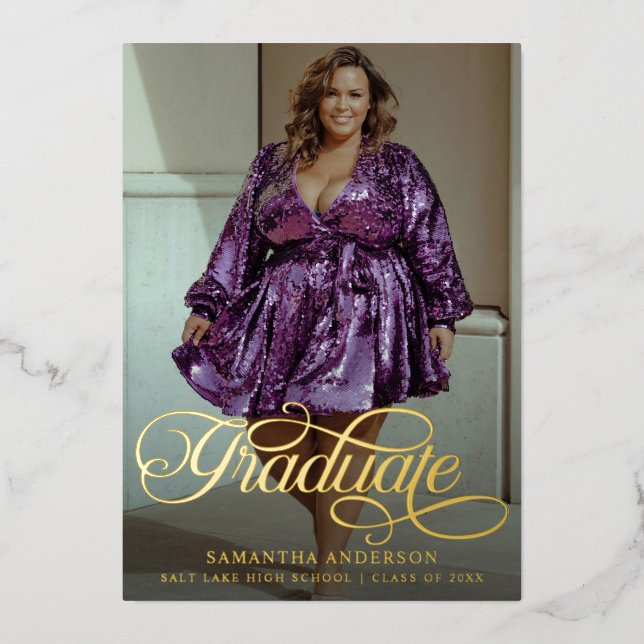 Moderne Graduate Script 2 Fotos Graduation Party Folieneinladung (Vorderseite)