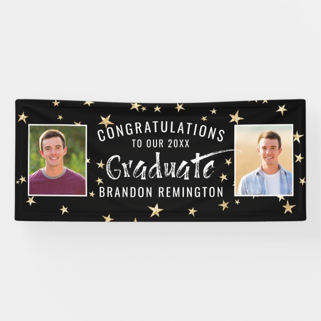 Moderne Graduate Typografy Foto Black Gold Stars Banner (Horizontal)