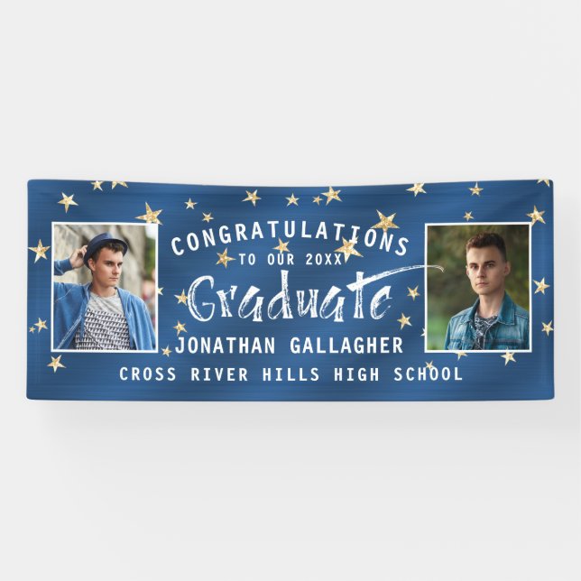 Moderne Graduate Typografy Foto Blue Gold Stars Banner (Horizontal)