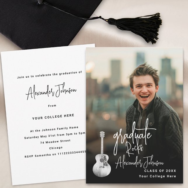 Moderne Graduate Vertical Foto Graduation Party Einladung (Modern trendy vertical photo country music Graduation party invitation)