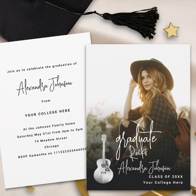 Moderne Graduate Vertical Foto Graduation Party Einladung (Modern trendy vertical photo country music Graduation party invitation)