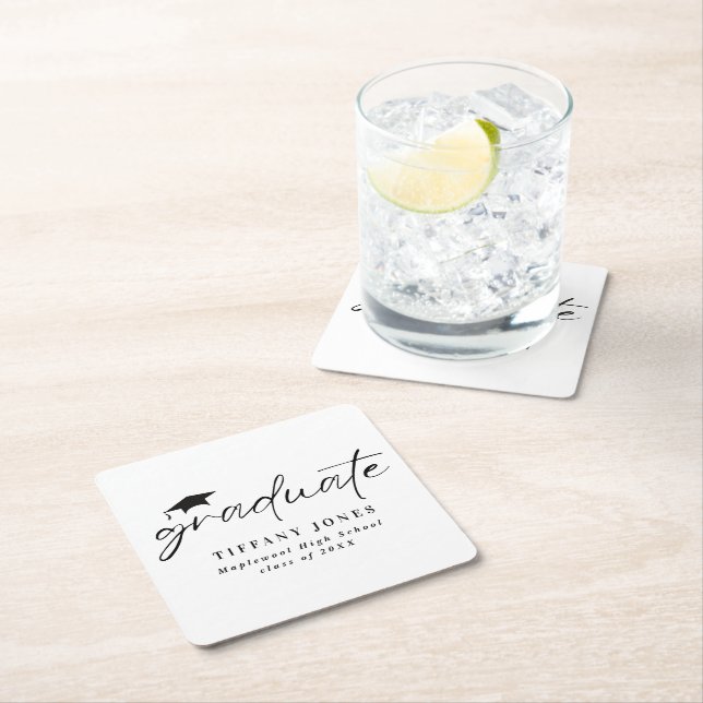 Moderne Graduate White Script Graduation Party Rechteckiger Pappuntersetzer (Vor Ort)