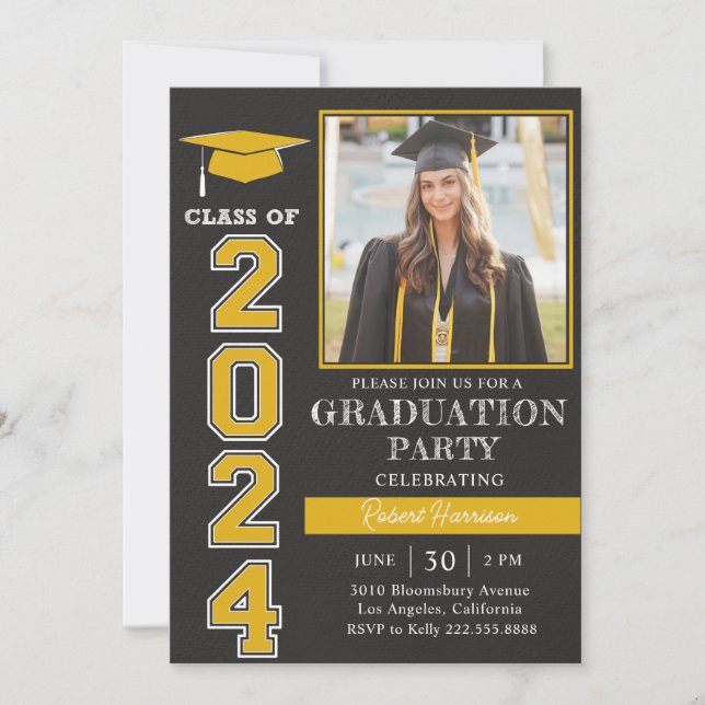 Moderne Graduationspartei Gelbschwarzes Foto 2024 Einladung (Vorderseite)