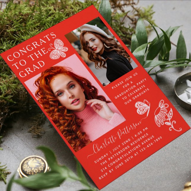 Moderne Graduierungspartei für Rotweiße Schmetterl Einladung (Von Creator hochgeladen)
