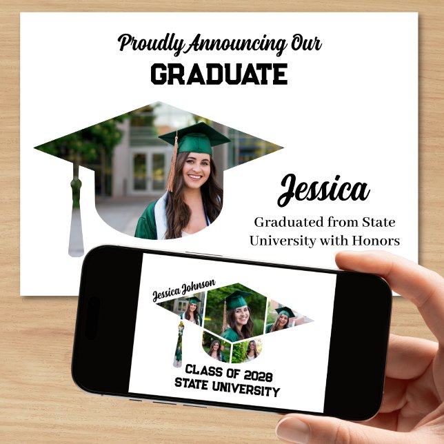 Moderne Graduierungstafel Form FotoCollage Ankündigung (Fun Graduation Announcement with Photos in a Graduation Cap Shape Photo Collage)