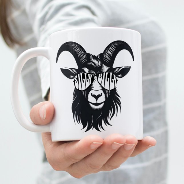 Moderne grafische Alberne Billy Goat individuell a Kaffeetasse (Black and white graphic art Goat with Silly Billy Text sunglasses on a coffee mug. )