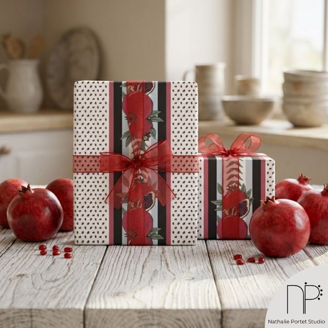Moderne Granatapfel-Samen-Streifen Geschenkpapier (Hand drawn pomegranate fruit and seed stripe pattern wrapping paper on neutral background)