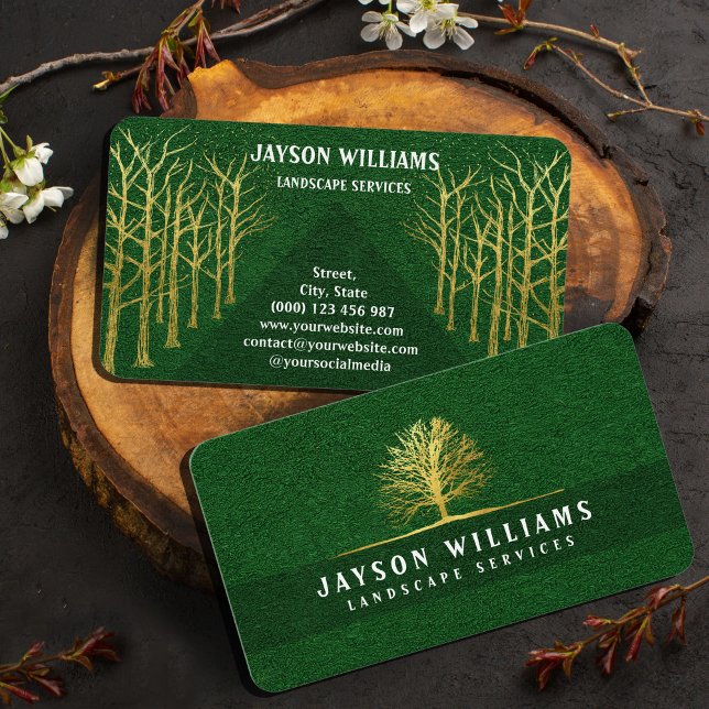 Moderne Grass Texture Business Card mit Gold Tree Visitenkarte (#zazzlemade #lawncarebusinesscard #greengrassandgoldtree
)