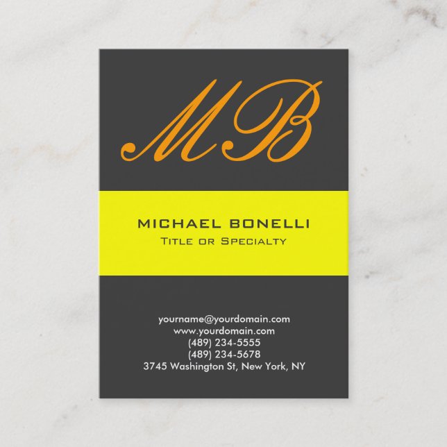 Moderne, grau-gelb-orangefarbene Monogramm-Visiten Visitenkarte (Vorderseite)