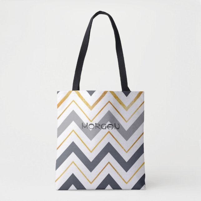 Moderne Grau & Gold Zickzack Personalisiert Tote B (Vorderseite)