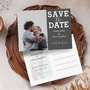 Moderne Grau- und Weiße 2-Foto-Save-the-Date-Karte Ankündigungspostkarte
