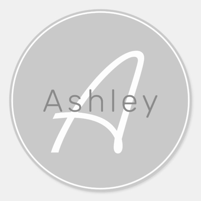 Moderne Grau & Weiß | Cooler Name und Monogramm Runder Aufkleber (Vorderseite)