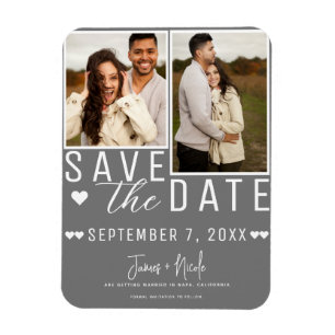 Moderne Grau & Weiß Save-the-Date 2-Foto-Hochzeit Magnet