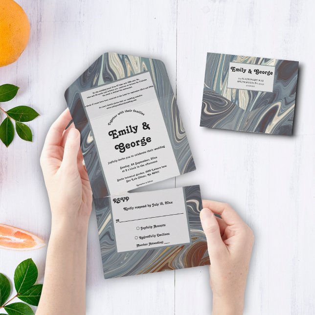 Moderne, graue Abstrakte Malerei Chic Wedding All In One Einladung (Von Creator hochgeladen)