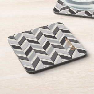 Moderne graue Chevron-Geometrie-Muster-Monogramm Getränkeuntersetzer