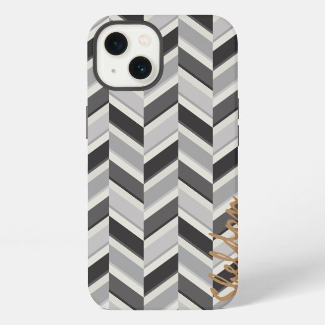 Moderne graue Chevron-Geometrie-Muster-Monogramm iPhone Hülle (Rückseite)