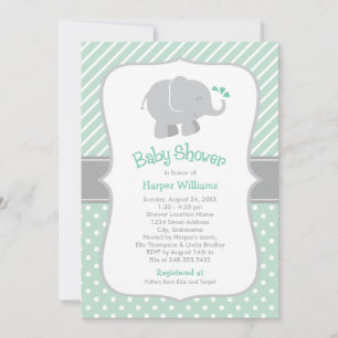 Moderne graue Elefanten-Babyparty im Mint-Look Einladung
