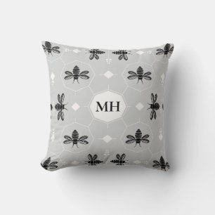 Moderne graue elegante schwarze Bienen-Muster-Mono Kissen