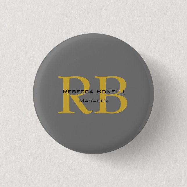 Moderne graue goldfarbene Monogram-Namenseingaben Button (Vorderseite)