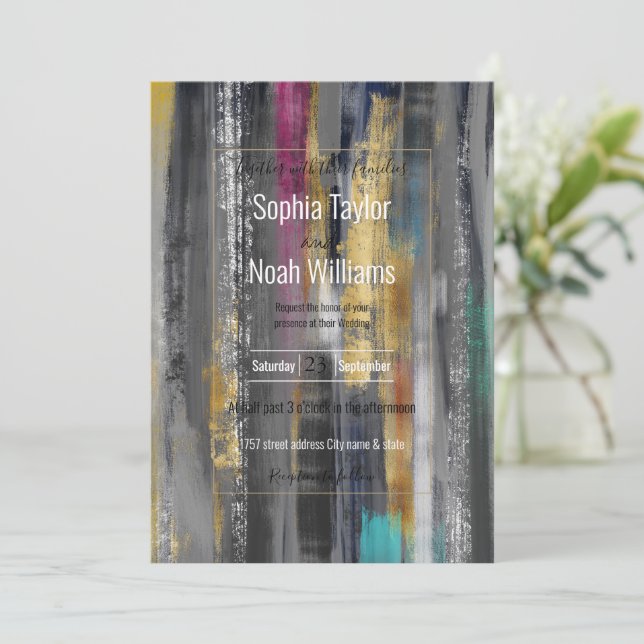 Moderne graue goldfarbene Pinselstriche Abstrakt (Stehend Vorderseite)